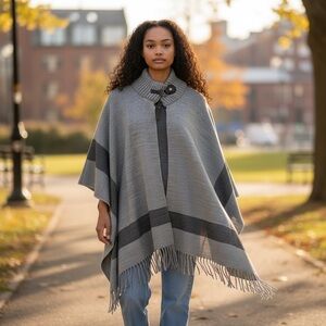 NWT Anthropologie Gray Knit Poncho Shawl Turtleneck Fringe One Size Chunky